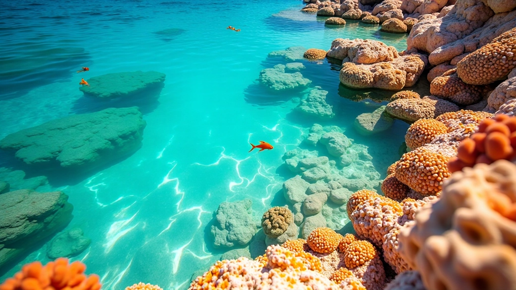 Detalle de rocas coralinas con agua cristalina, mostrando la vida marina dentro de una poza de marea en Cabo Rojo