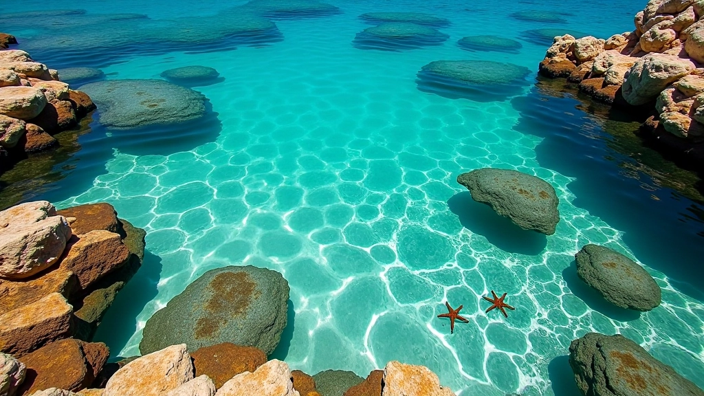 Agua cristalina en poza de marea con rocas coralinas y vida marina visible