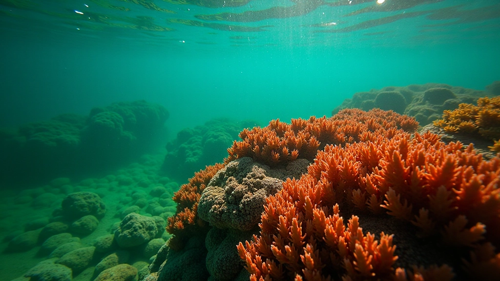 Algas marinas verdes y rojas flotando en agua clara de poza, vegetación marina submarina