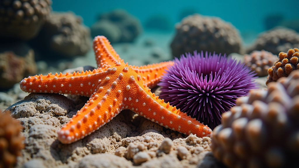 Estrella de mar naranja y erizo de mar púrpura entre rocas de arrecife coralino, ecosistema marino submarino