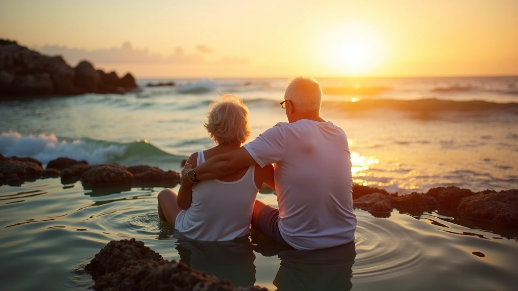 Pareja de jubilados relajándose en una poza de marea con vistas al océano