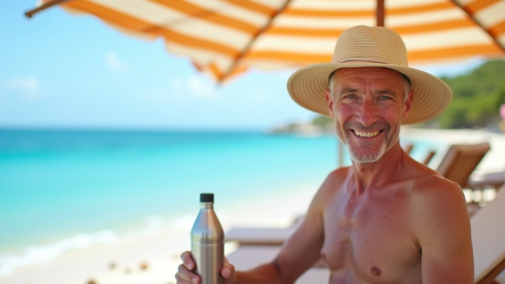Persona mayor bajo sombrilla rayada roja y blanca en la playa, bebiendo agua, con sombrero de ala ancha, sonriendo relajada