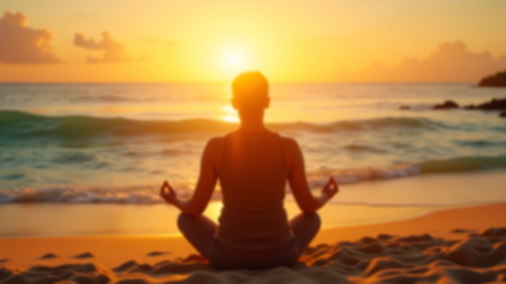 Persona en meditación al amanecer en playa coralina