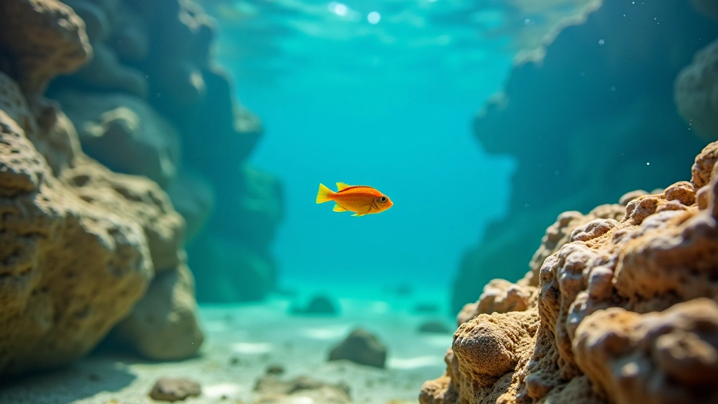 Pequeños peces multicolores nadando entre rocas submarinas en agua clara, fotografía acuática de fauna marina